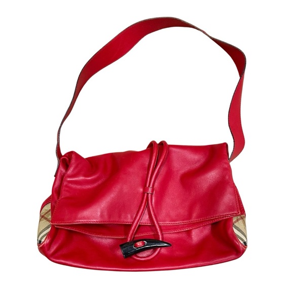 Burberry Red Leather & Nova Check Shoulder Bag - Picture 1 of 13